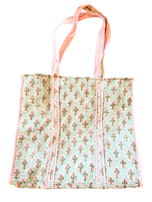 Quilted Block Print Tote Bag