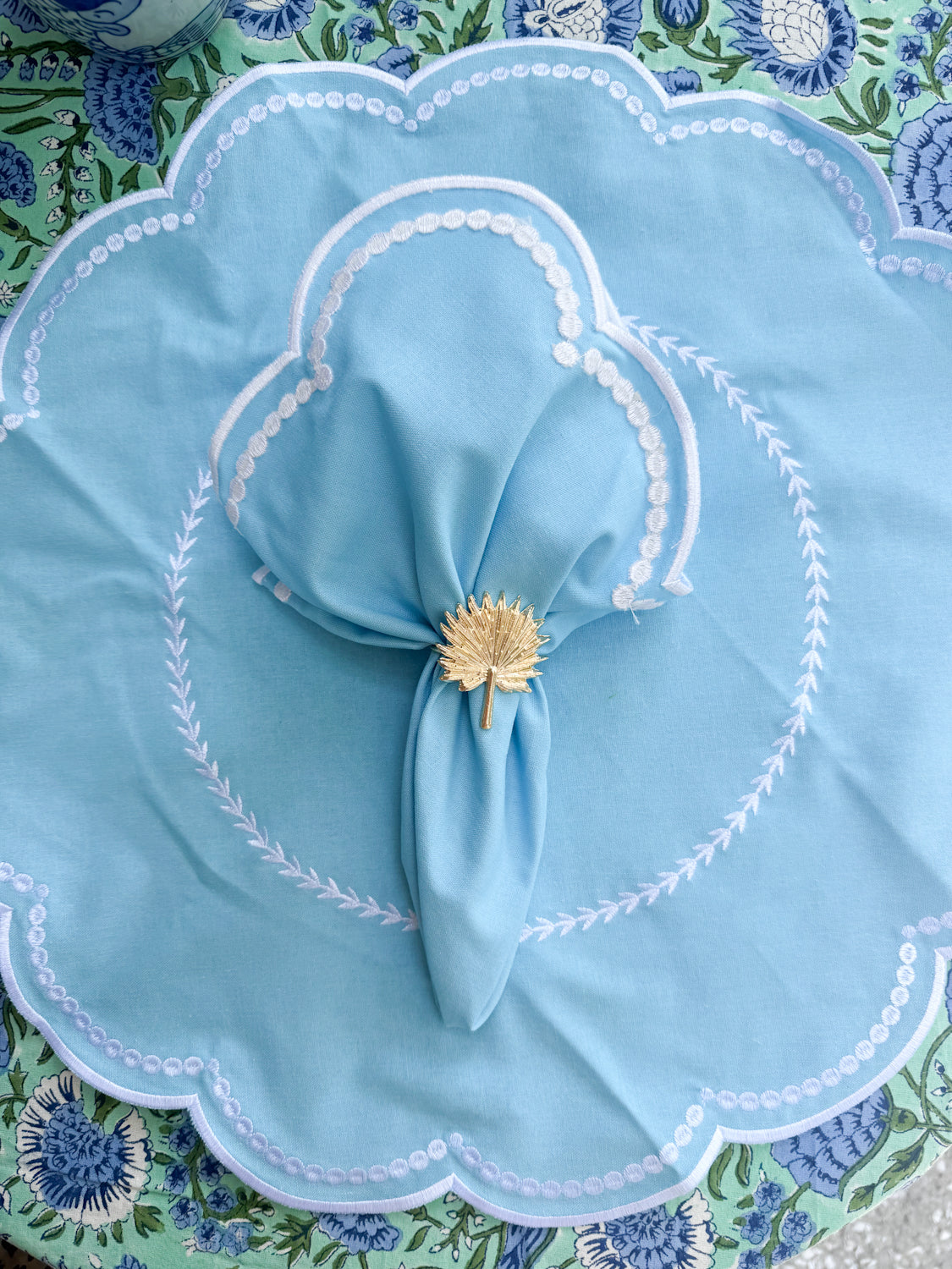 Embroidered Placemats / Napkins- Set of 2- Aqua & White