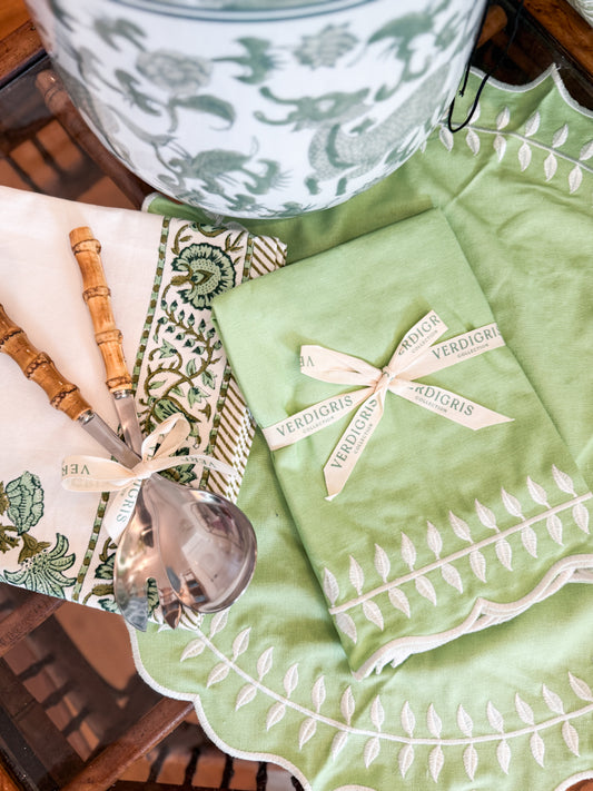 Embroidered Round Placemats / Napkins- Set of 2- Apple Green & White
