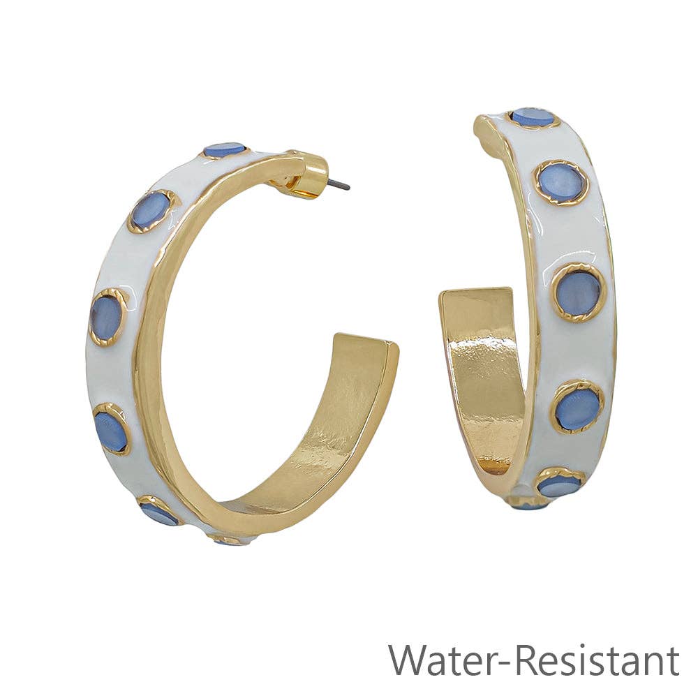 White Color Coated with Light Blue Accents 2" Hoop Earring