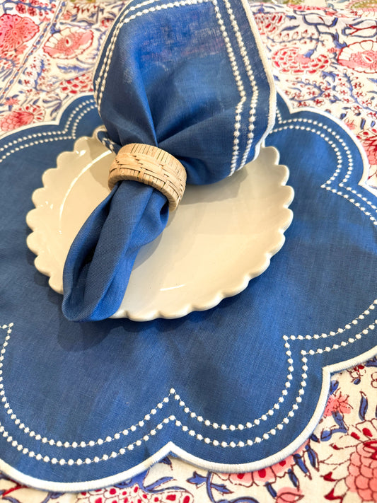 Linen Napkin/Placemat- Set of 2 - Royal Blue & White