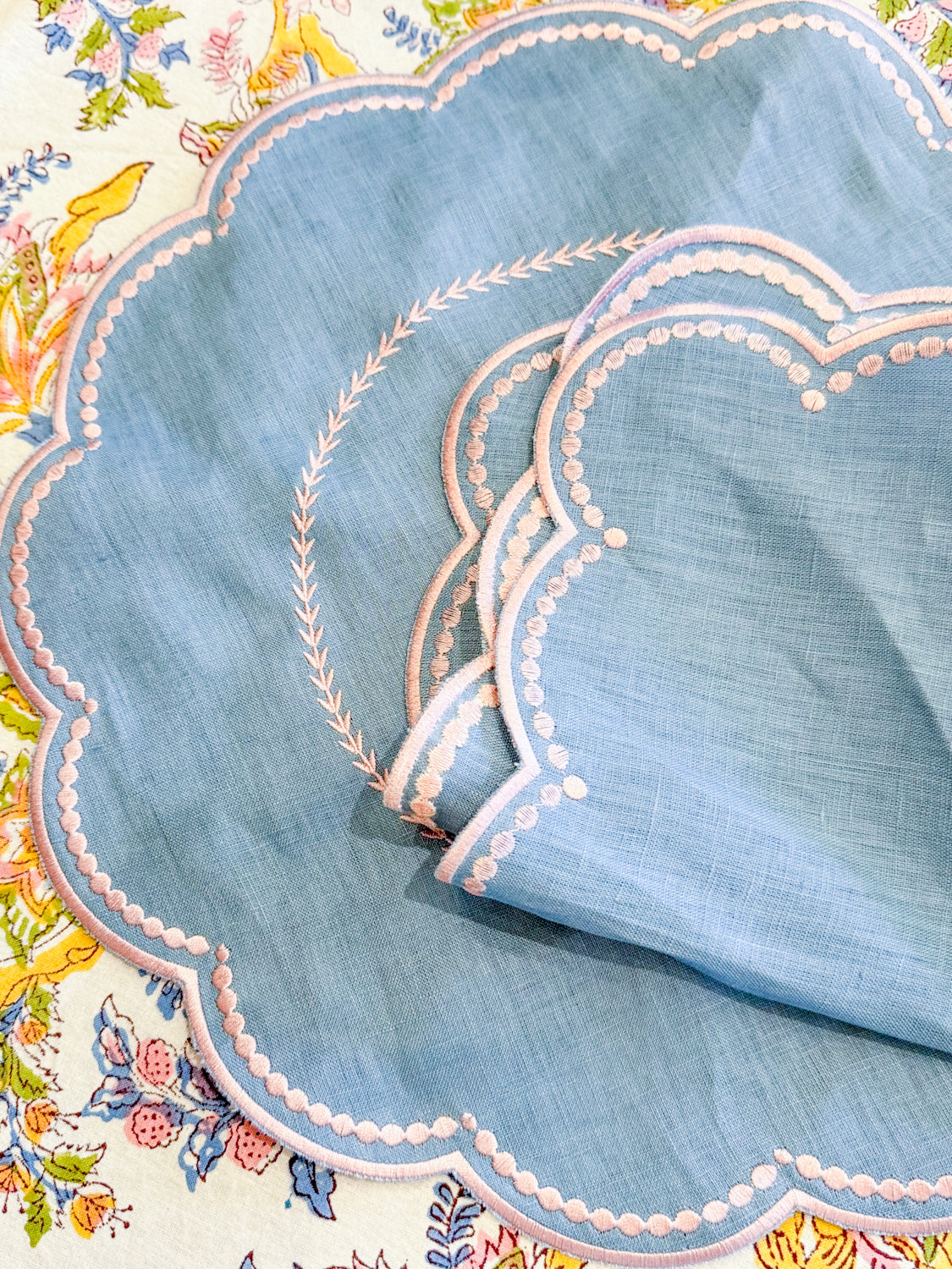 Linen Napkin/Placemat -Set of 2- Light Blue & Pink