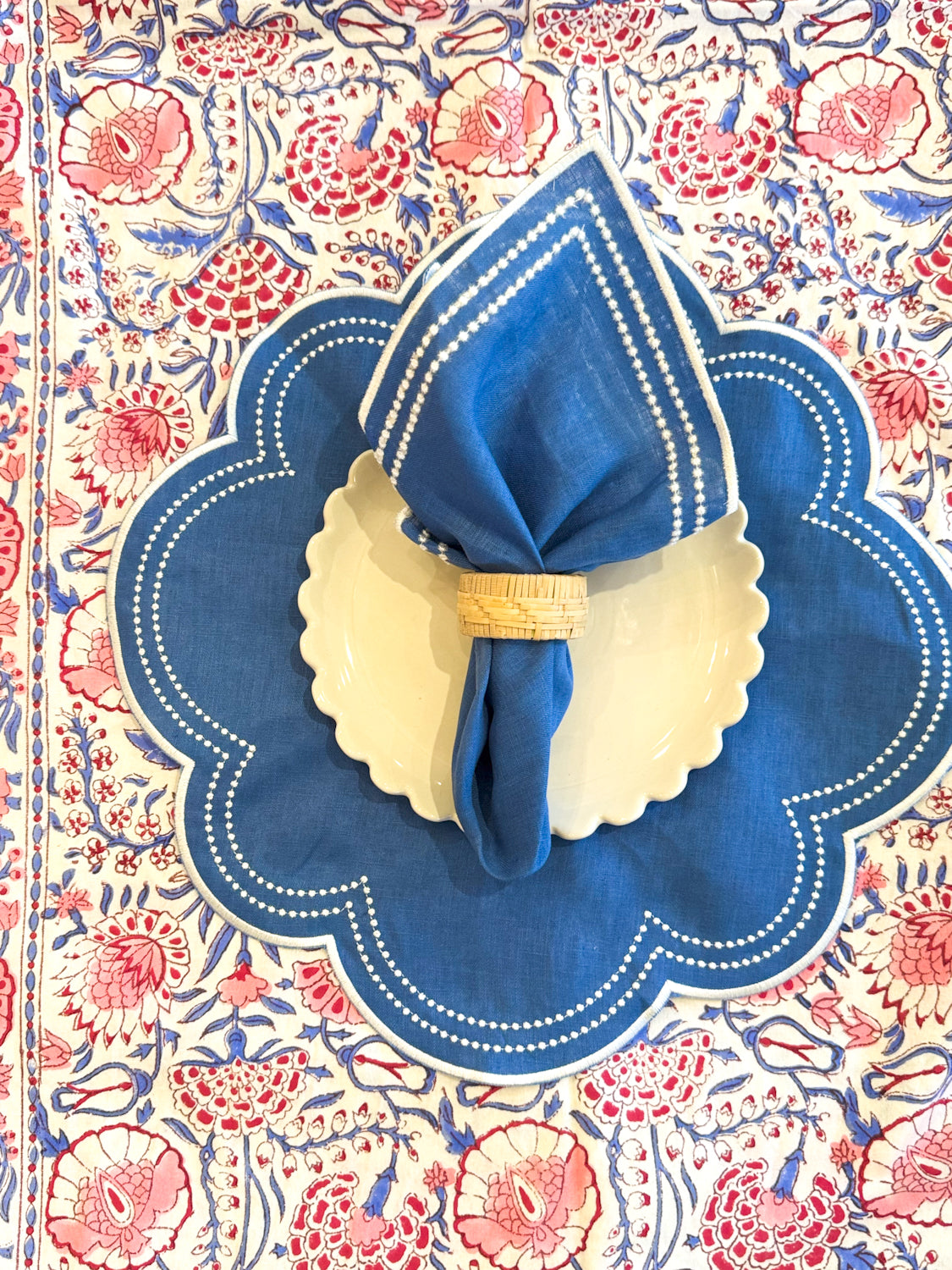 Linen Napkin/Placemat- Set of 2 - Royal Blue & White