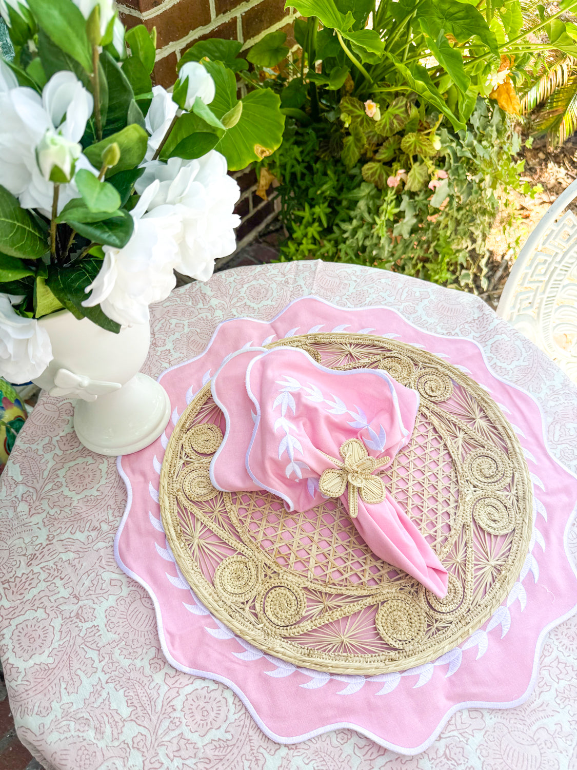 Embroidered Placemats / Napkins- Set of 2- Pink & White