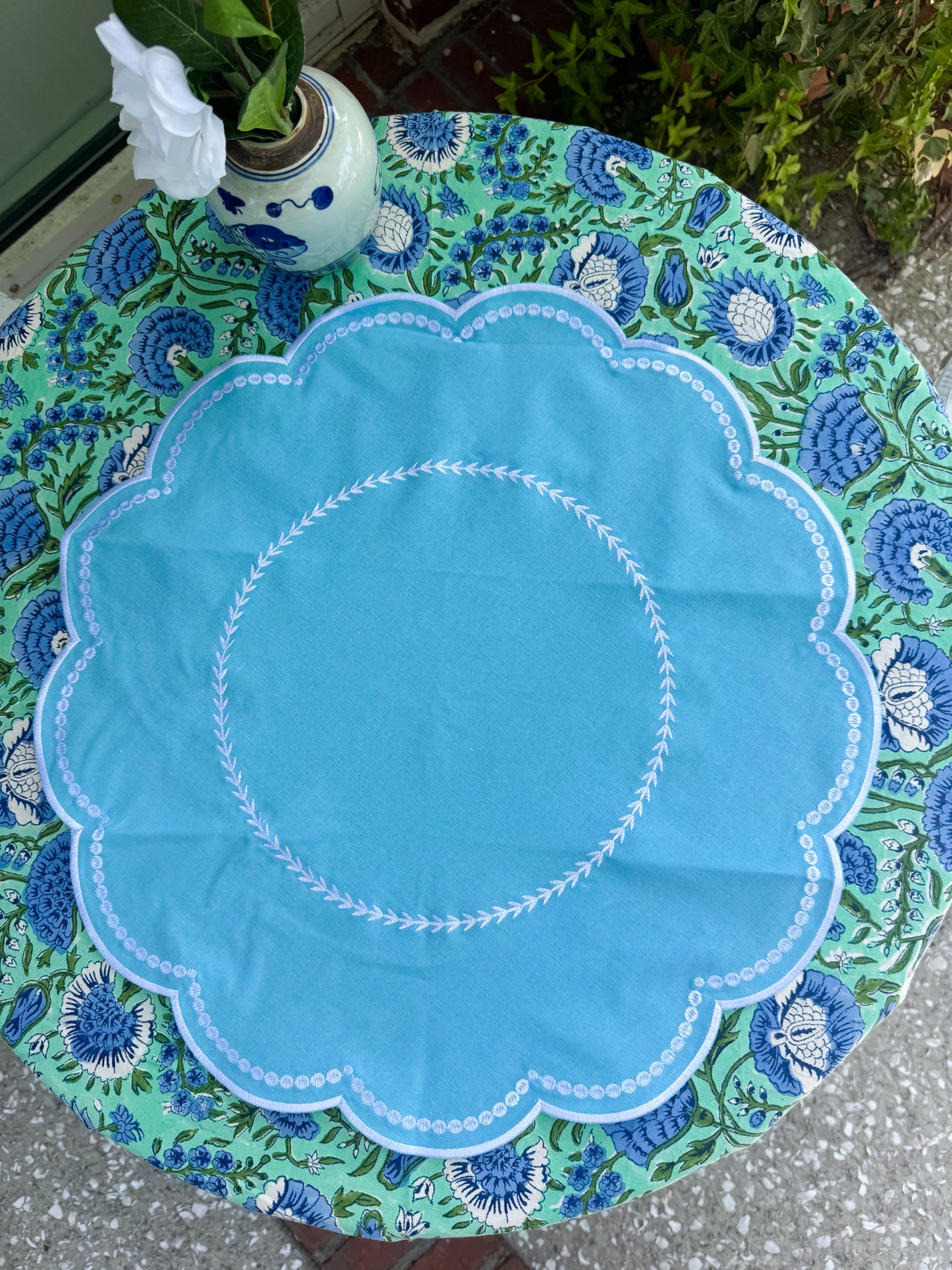 Embroidered Placemats / Napkins- Set of 2- Aqua & White
