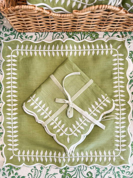 Linen Napkin/Placemat- Set of 2- Green & White