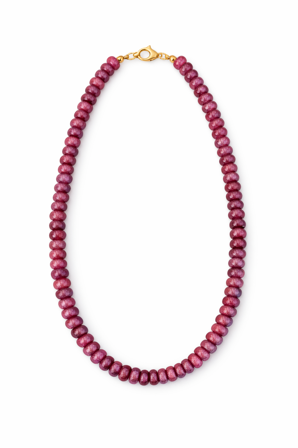 Red beaded necklace with a gold clasp on a white background