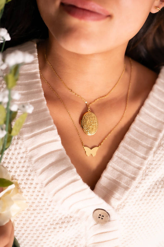 Gold PVD Stainless Steel Textured Oval Locket 18K