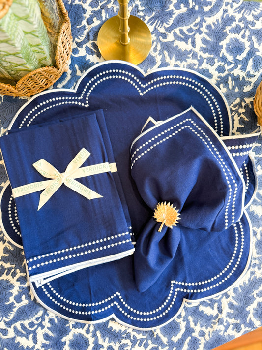 Embroidered Placemats / Napkins- Set of 2- Navy & White