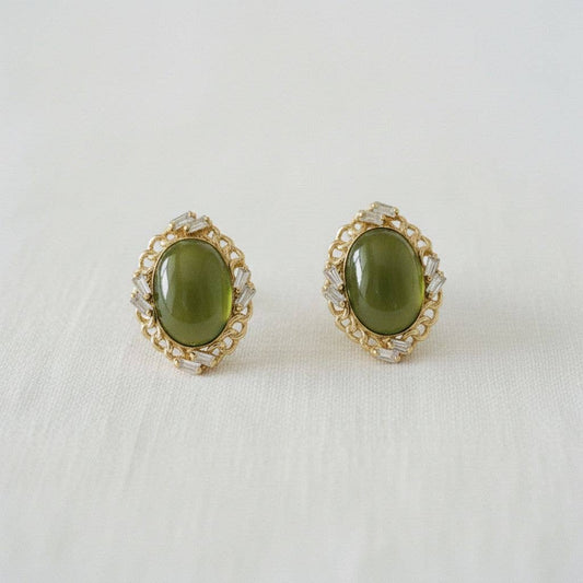 Olive Green Cat's Eye Stud Earrings