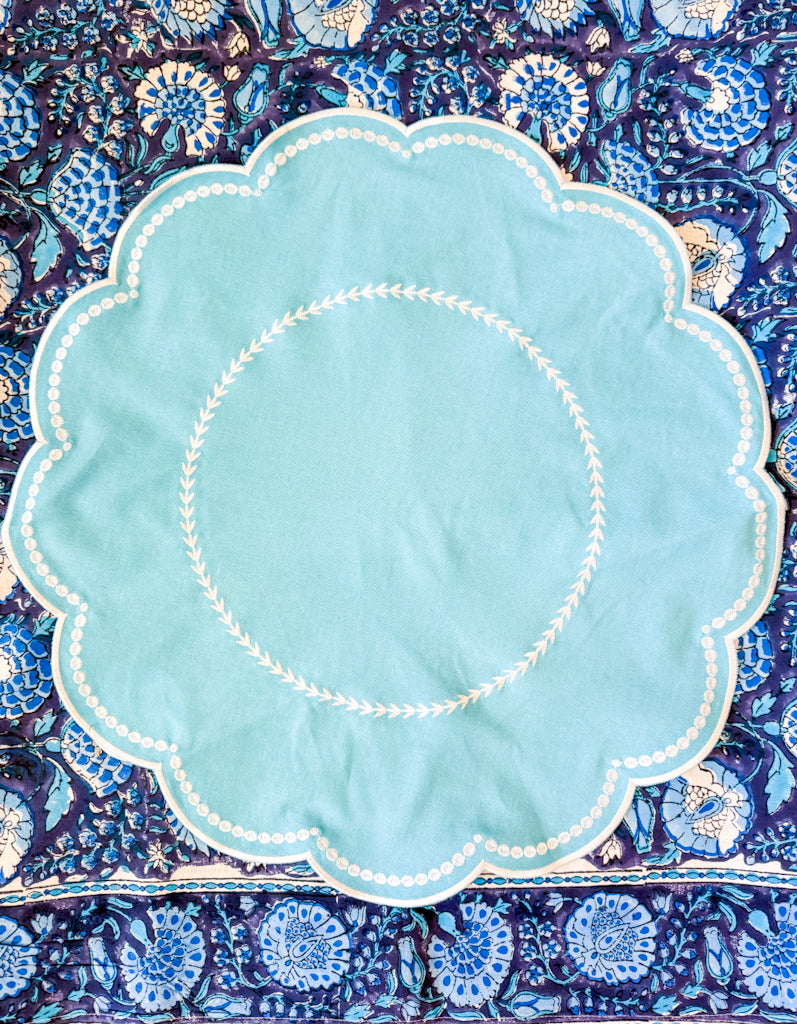 Embroidered Placemats / Napkins- Set of 2- Light Blue & White