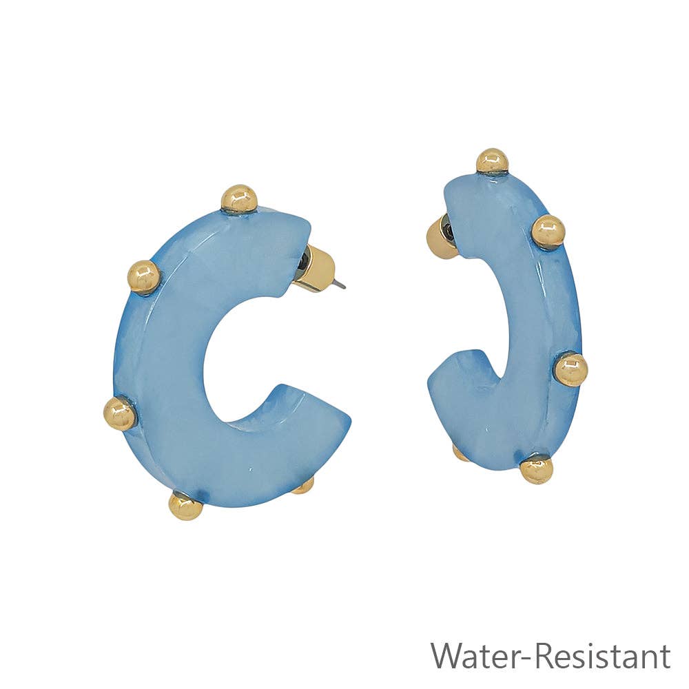 Light Blue Acrylic with Gold Studded Accents 1.25" Hoop Earring