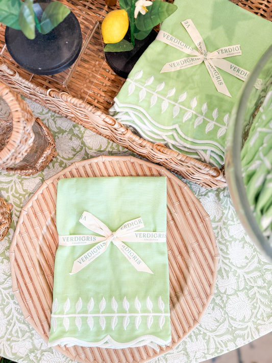 Embroidered Round Placemats / Napkins- Set of 2- Apple Green & White