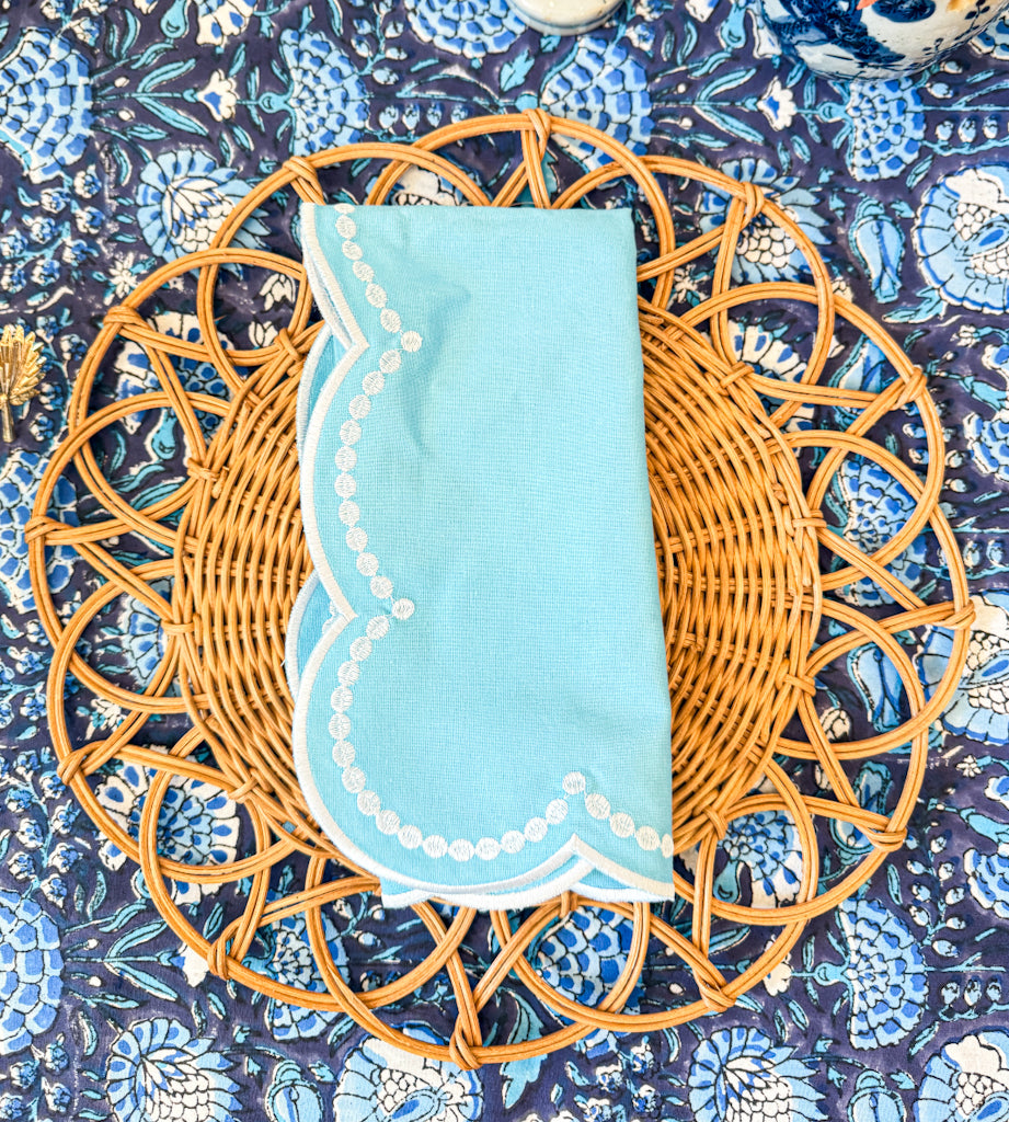 Embroidered Placemats / Napkins- Set of 2- Light Blue & White