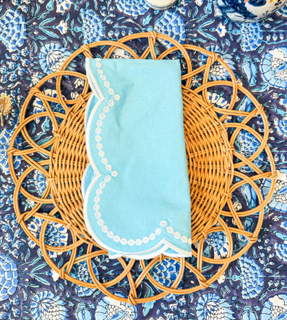 Embroidered Placemats / Napkins- Set of 2- Light Blue & White