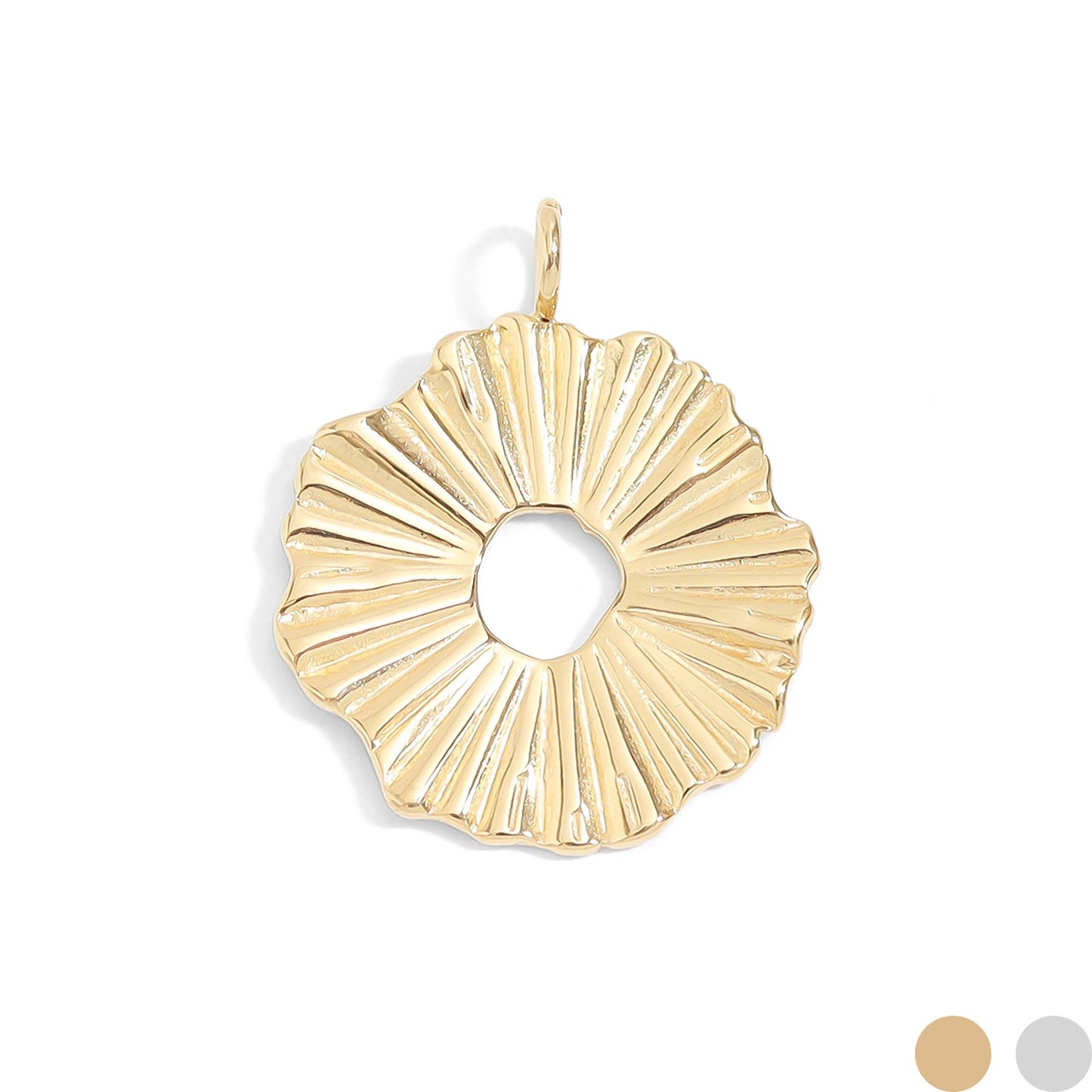 18K Gold PVD Stainless Steel Textured Sunburst Circle Charm