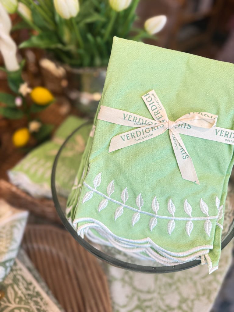 Embroidered Round Placemats / Napkins- Set of 2- Apple Green & White