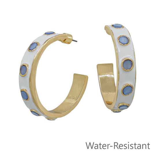 White Color Coated with Light Blue Accents 2" Hoop Earring