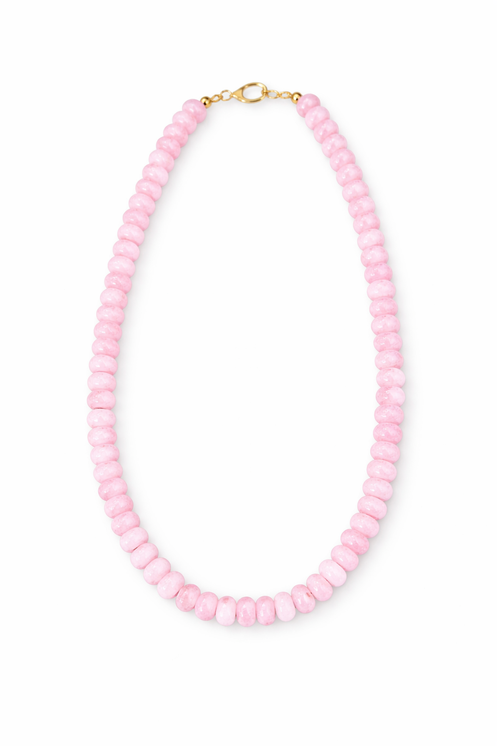 Pink beaded necklace on a white background