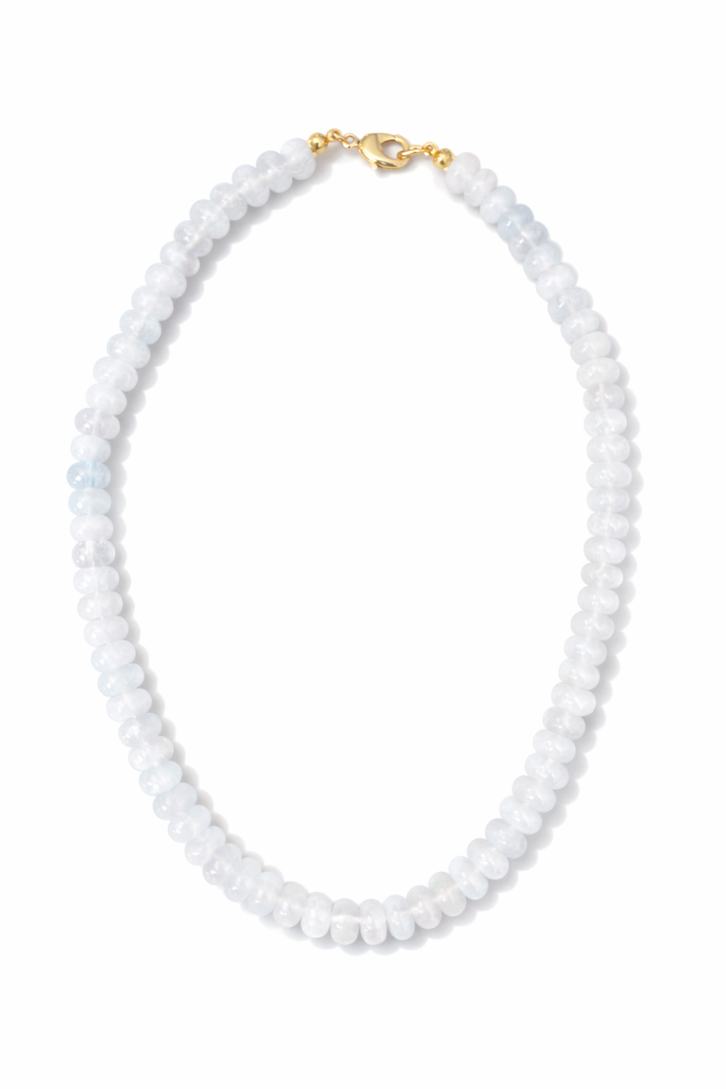 White beaded necklace with a gold clasp on a white background