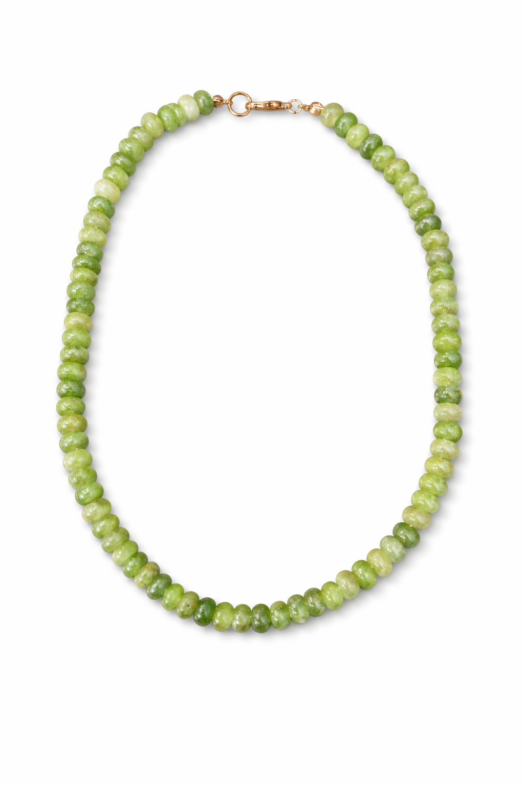 Green beaded necklace on a white background