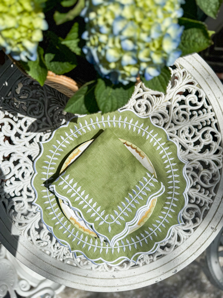 Linen Napkin/Placemat- Set of 2- Green & White