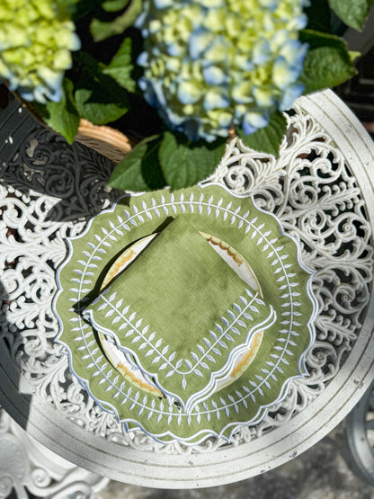 Linen Napkin/Placemat- Set of 2- Green & White