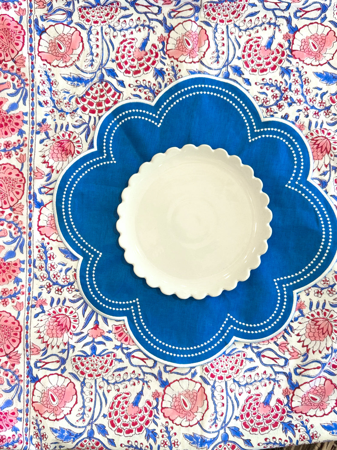 Linen Napkin/Placemat- Set of 2 - Royal Blue & White