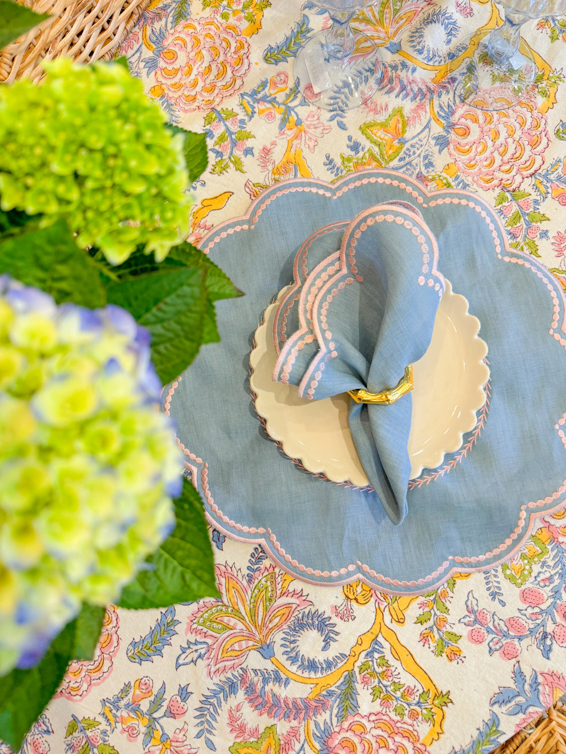 Linen Napkin/Placemat -Set of 2- Light Blue & Pink