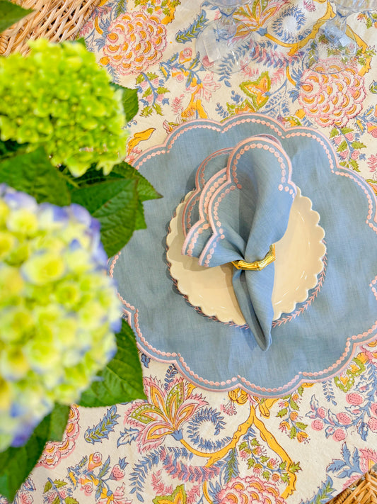 Linen Napkin/Placemat -Set of 2- Light Blue & Pink