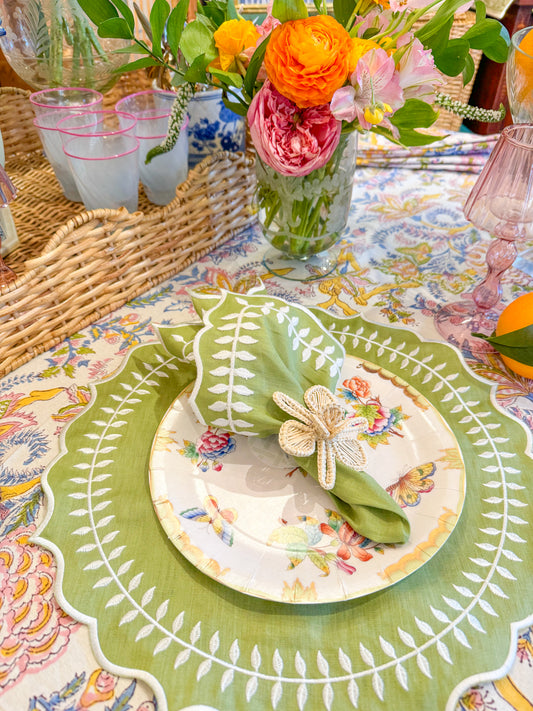 Linen Napkin/Placemat- Set of 2- Green & White