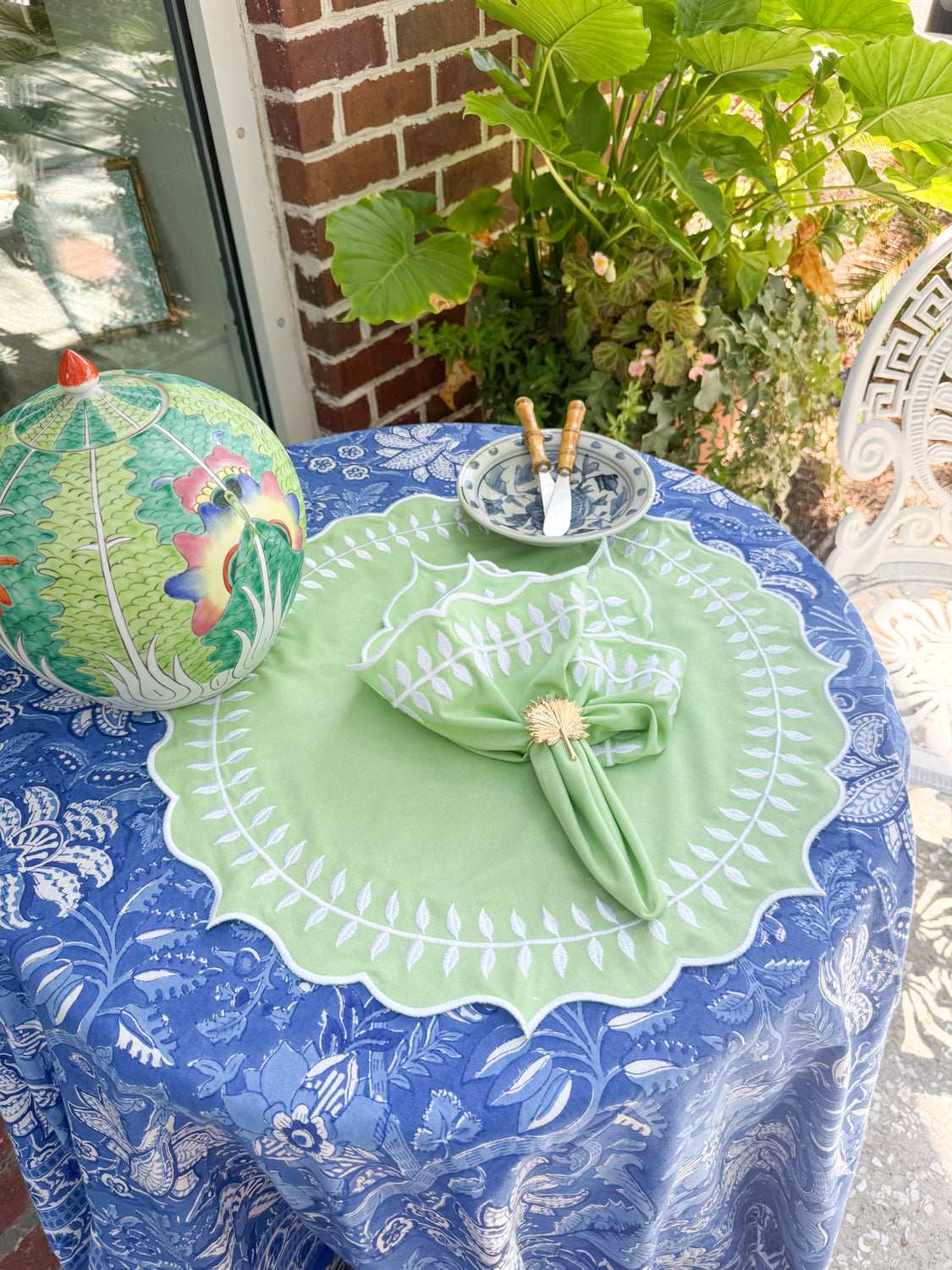 Embroidered Round Placemats / Napkins- Set of 2- Apple Green & White