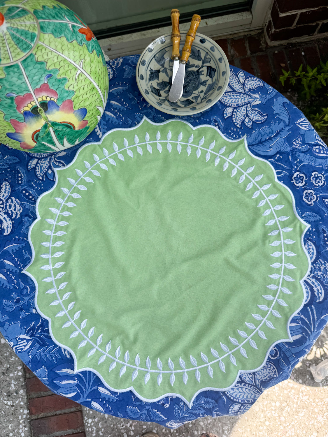 Embroidered Round Placemats / Napkins- Set of 2- Apple Green & White
