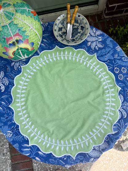 Embroidered Round Placemats / Napkins- Set of 2- Apple Green & White