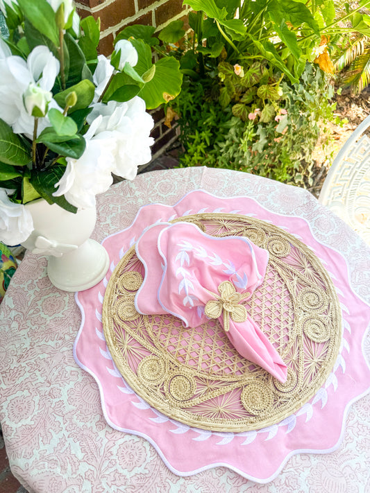Embroidered Placemats / Napkins- Set of 2- Pink & White