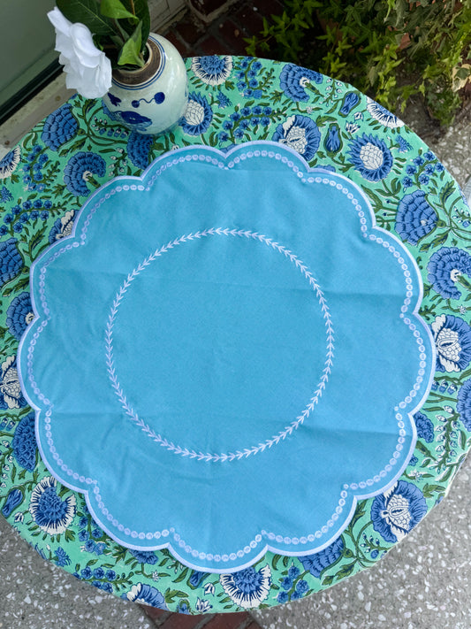 Embroidered Placemats / Napkins- Set of 2- Aqua & White