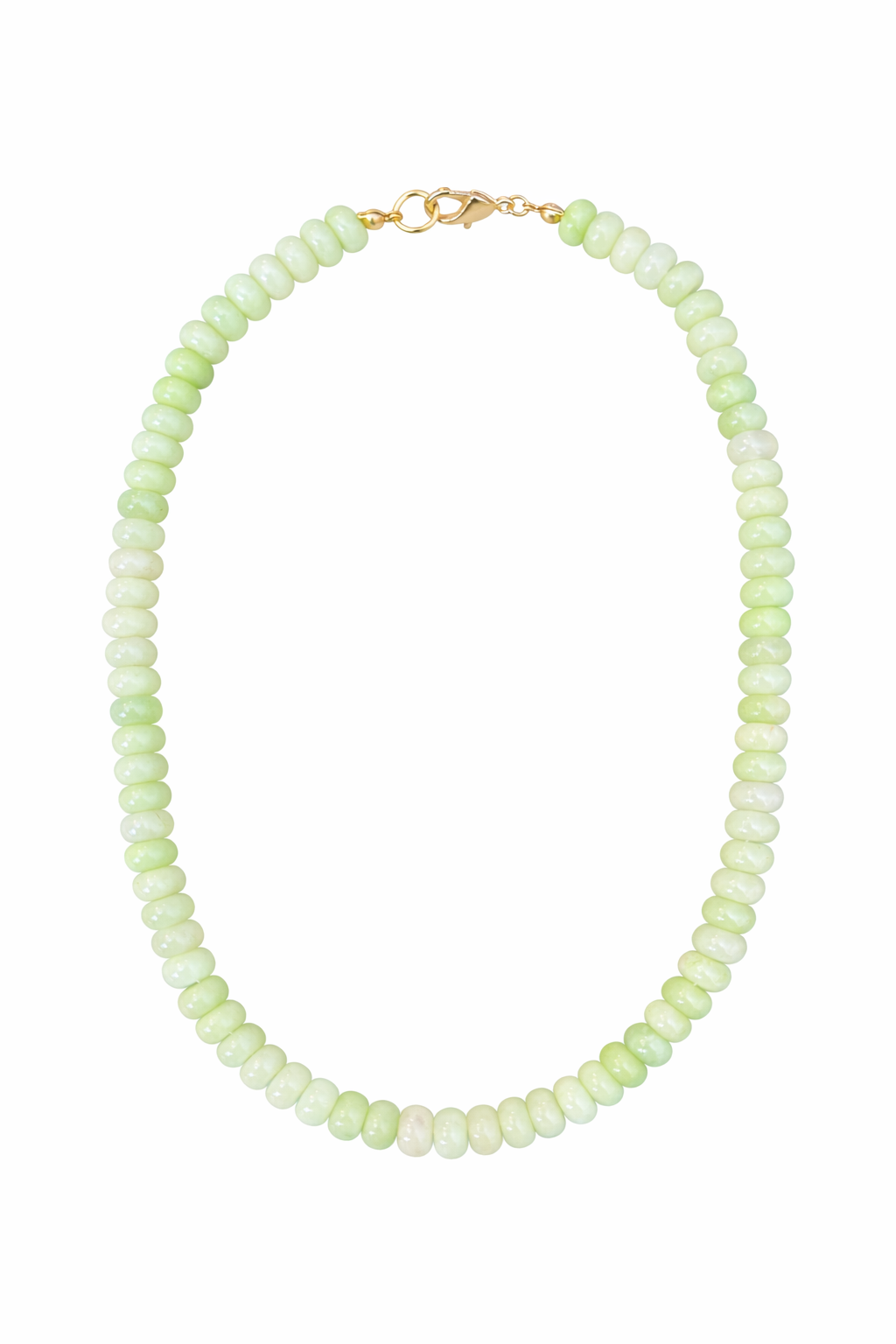 Necklace with light green beads on a white background