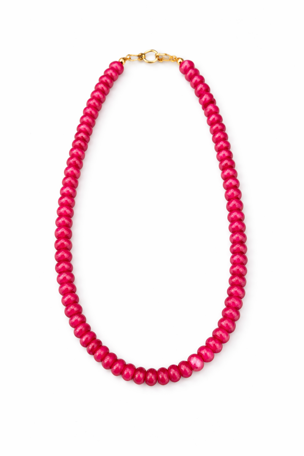 Pink beaded necklace with a gold clasp on a white background