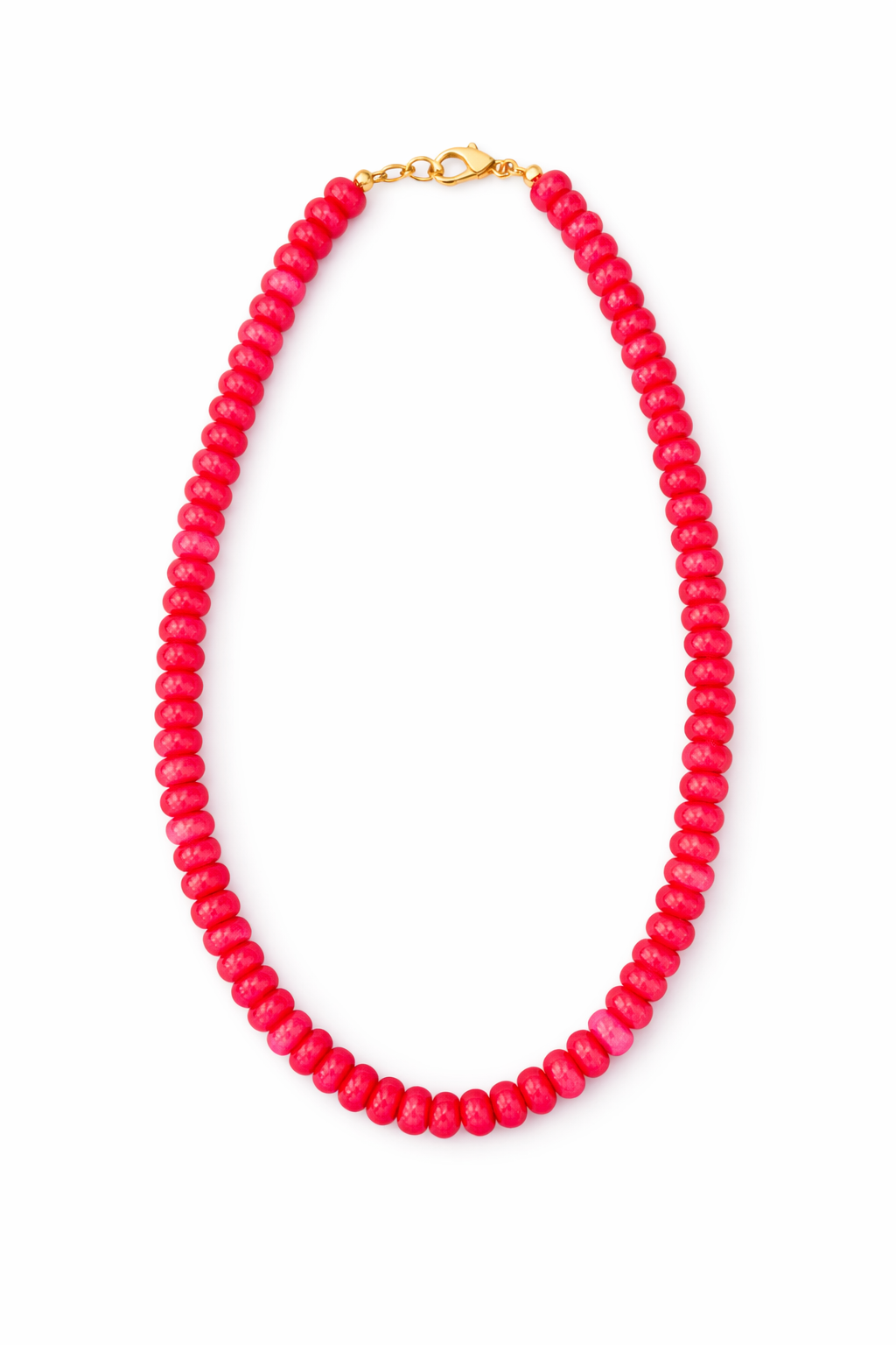Pink beaded necklace on a white background