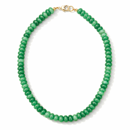 Green beaded necklace with a gold clasp on a white background