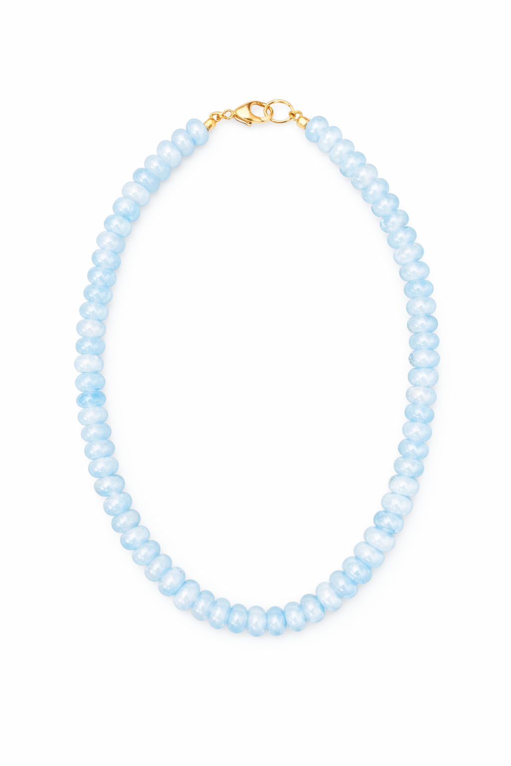 Necklace with light blue beads on a white background