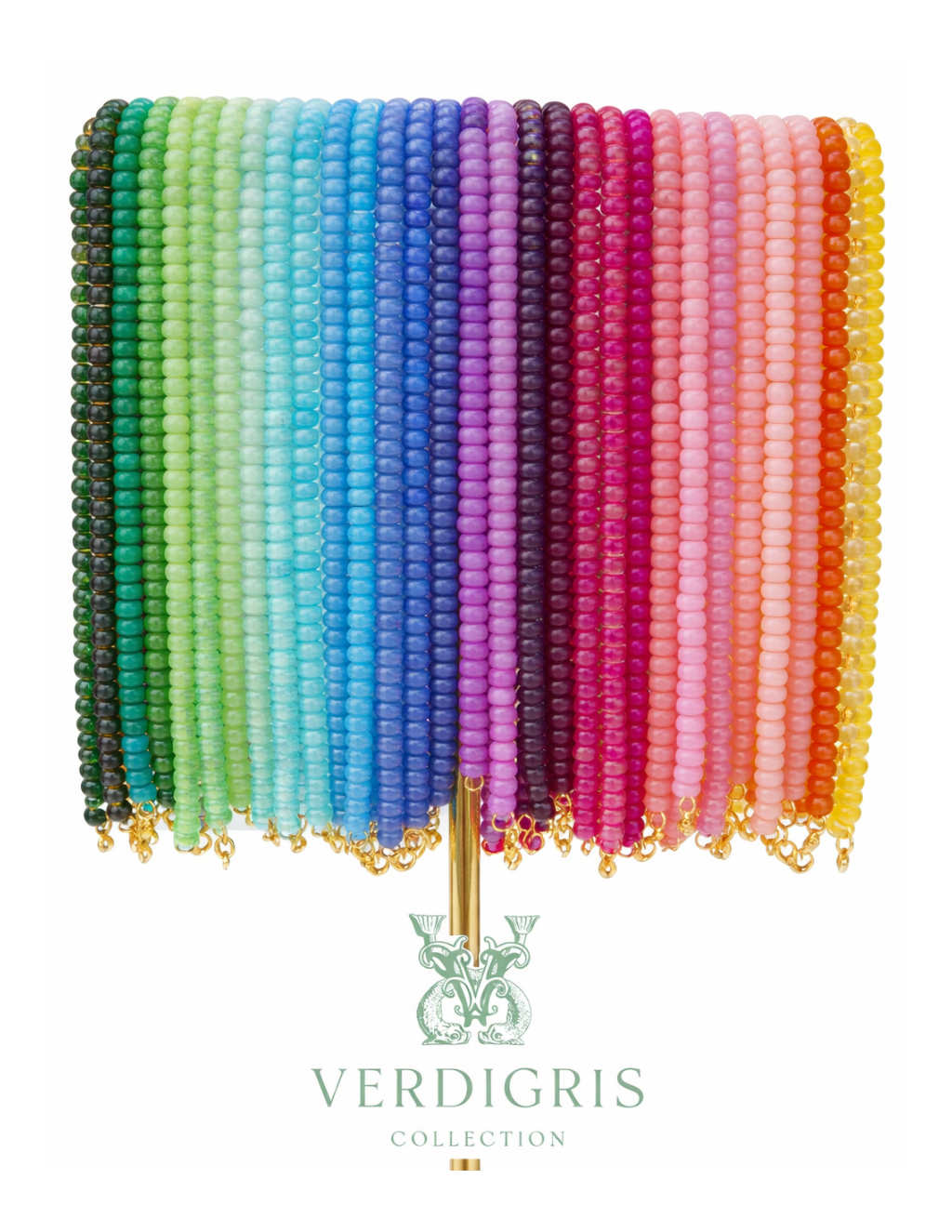 Colorful beaded fan with 'Verdigris' branding on a white background